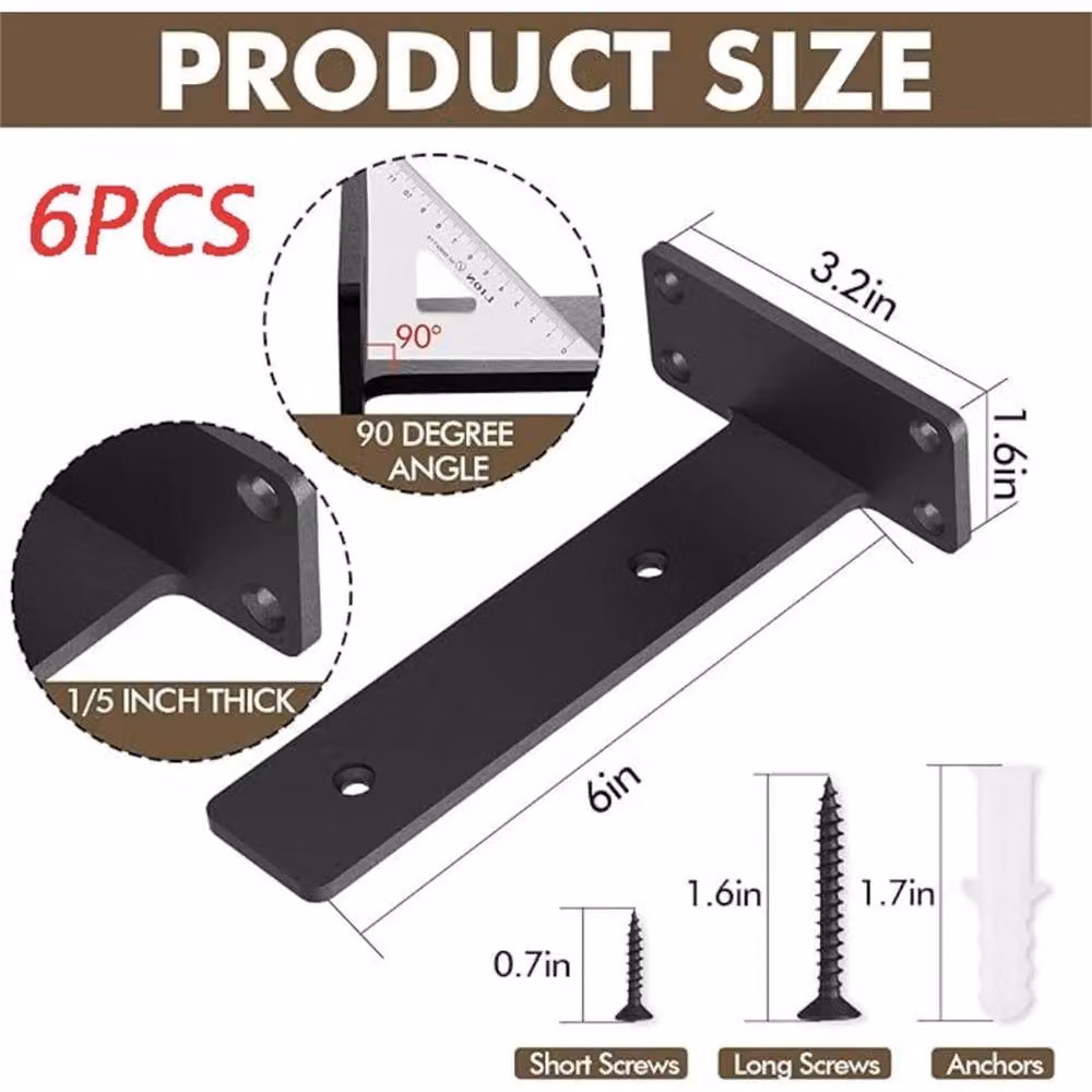 Nordara 6-Piece Set of Matt Black Steel Concealed Floating Shelf Brackets, W: 100 cm, D: 40 cm – 2