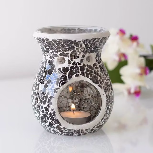 Uniqueful Small Gunmetal Grey Crackle Ceramic Oil Burner and Wax Warmer