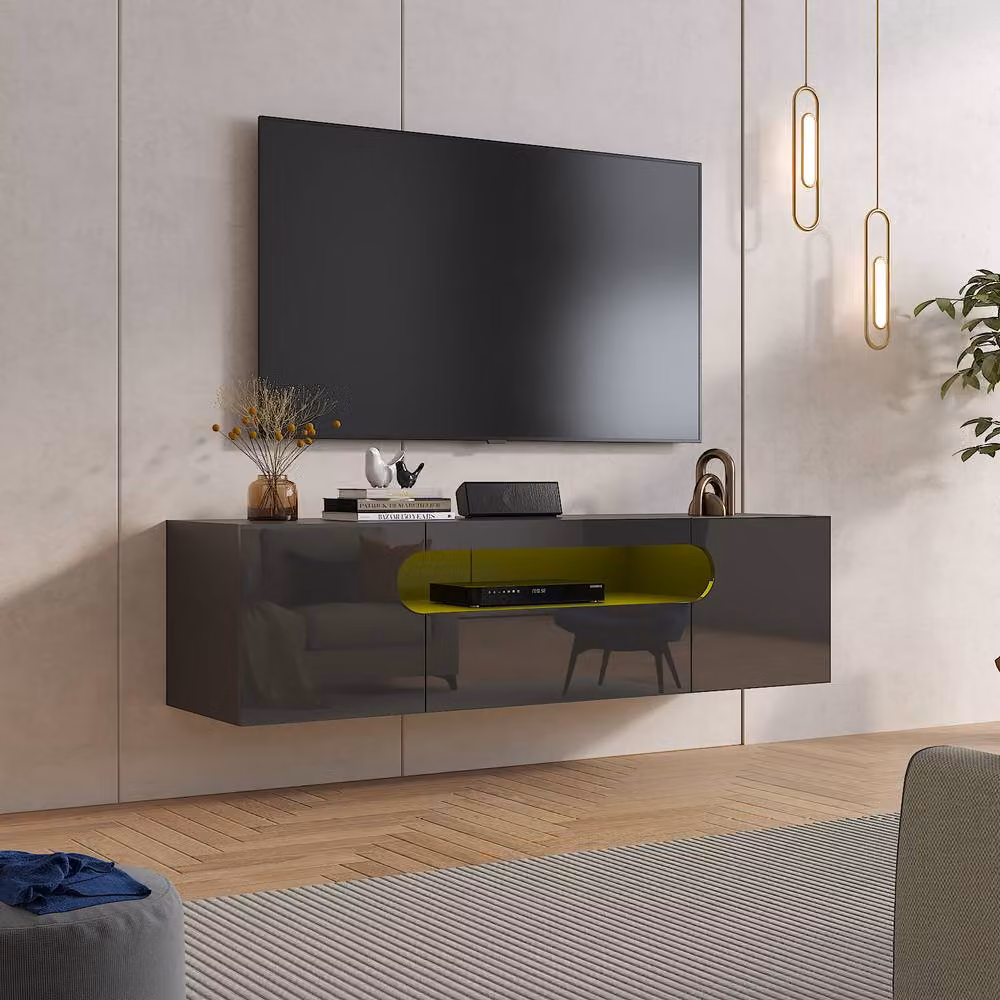 KEEPREAPER Sleek Floating TV Stand with LED Light and Storage Cabinet in Black – 2