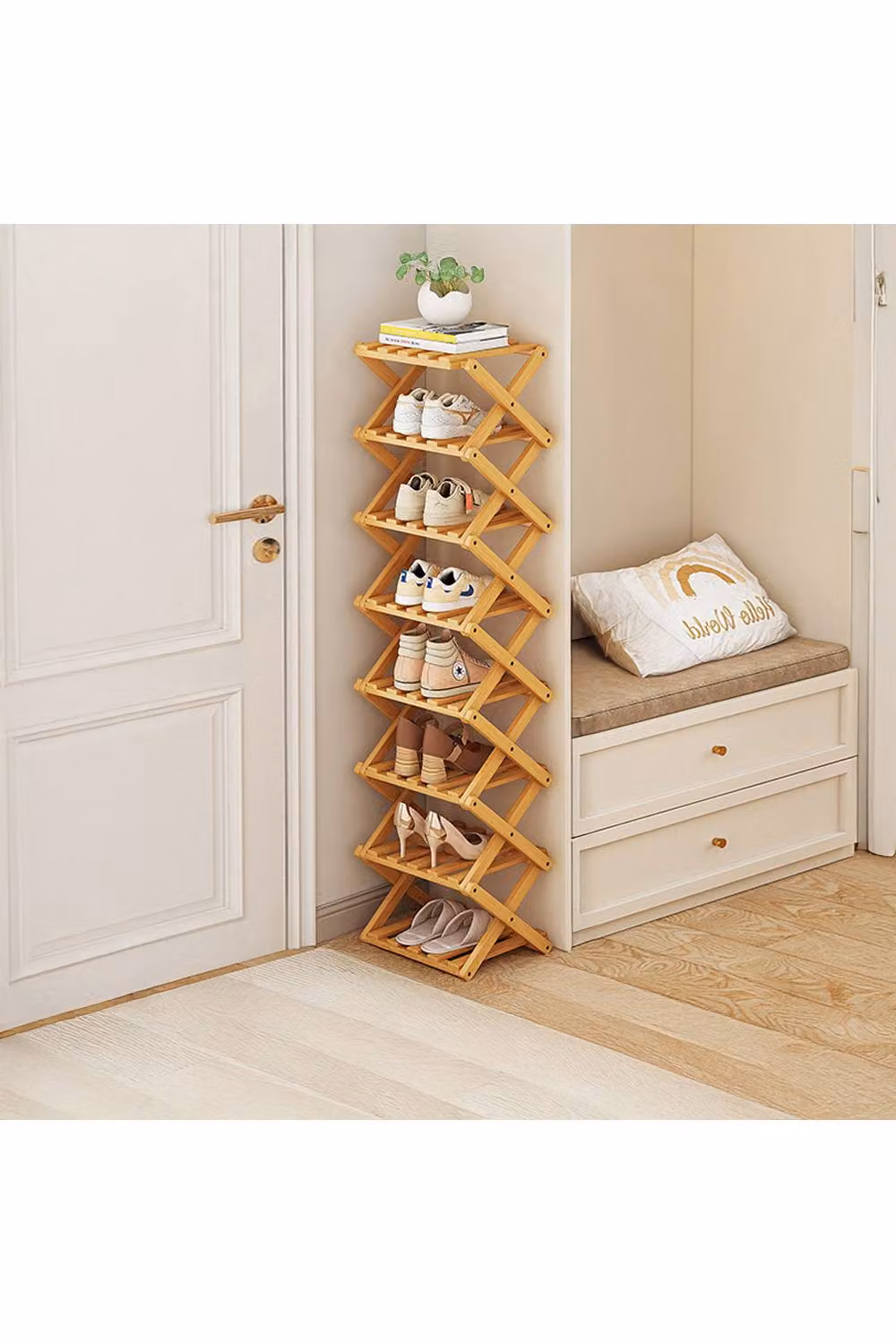 Living and Home Bamboo Folding Shoe Rack Organiser in Natural Wood – 2