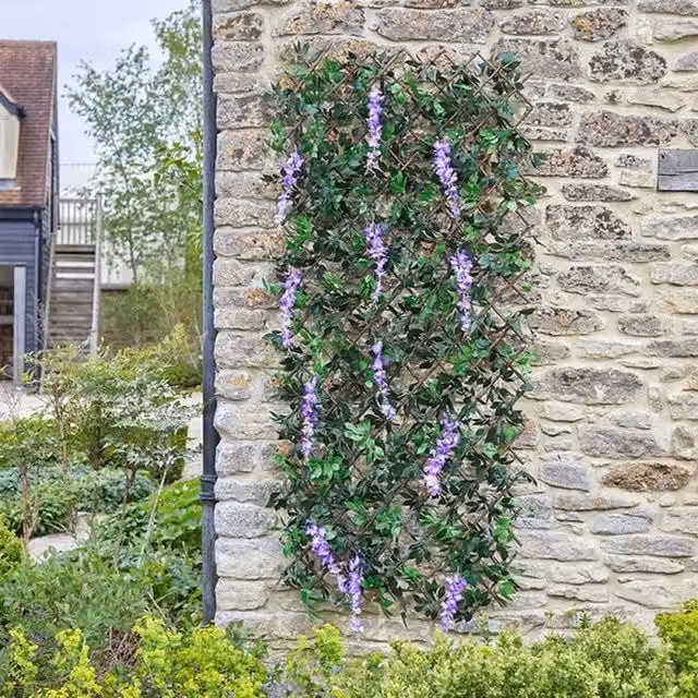 Garden Mile Artificial Woven Wisteria Hedge Screening Trellis in Green and Purple with Wood Frame