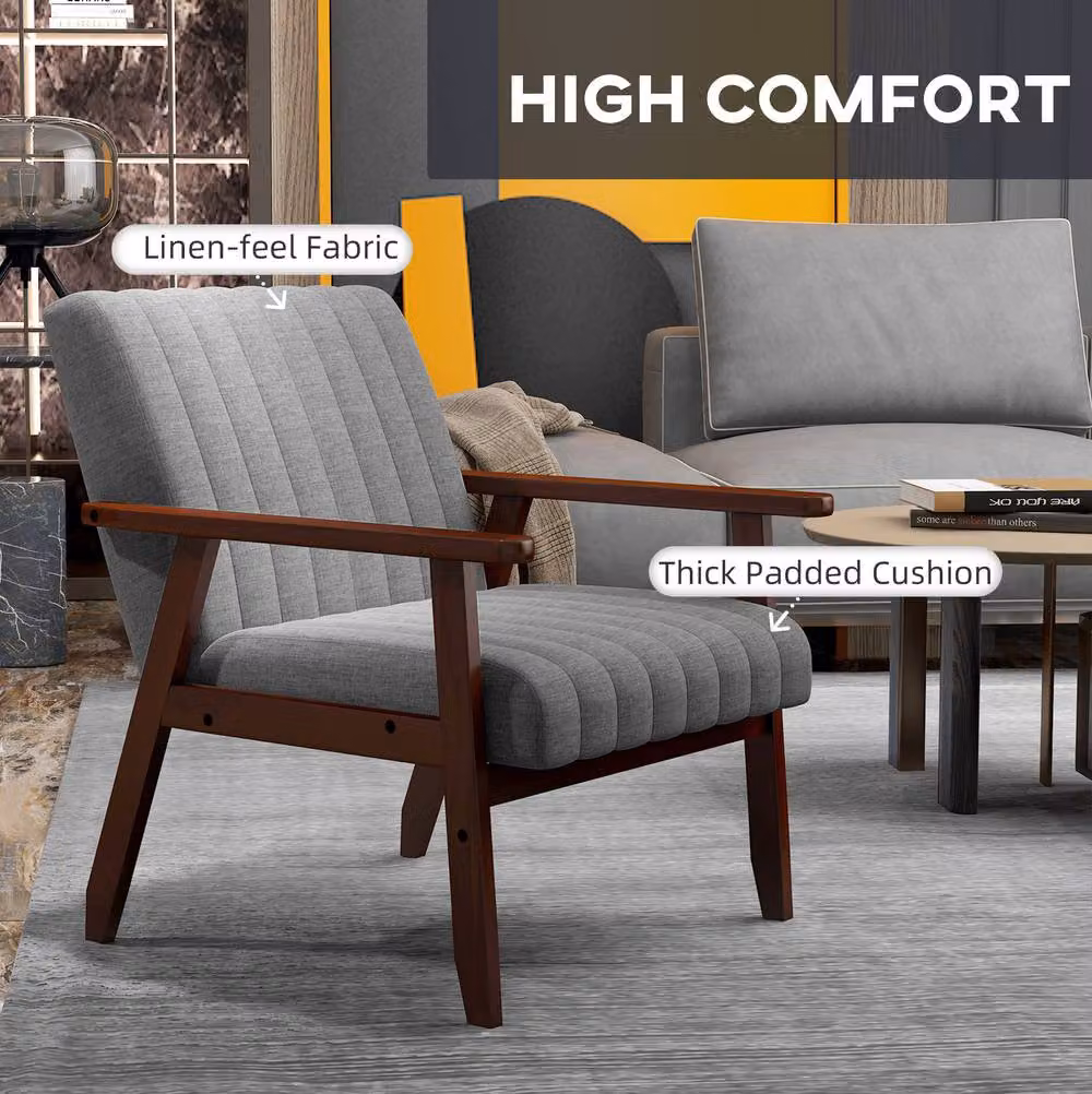 STILVORA Mid-Century Grey Linen-Look Upholstered Armchair with Wood Frame – 2
