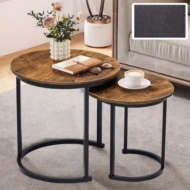 FLAVORA Set of 2 Round Nesting Coffee Tables in Brown Wood Finish
