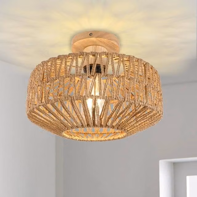 Pheashine Woven Rattan Ceiling Light in Brown with Wooden Base, Diameter: 30 cm, E27