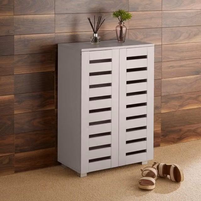 Home Source 2 Door Grey Shoe Storage Cabinet with Hinged Doors and Internal Shelves – 1