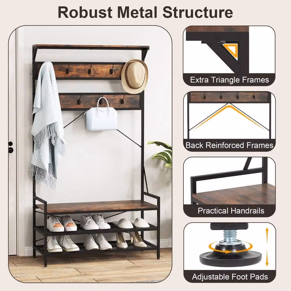 KORVIXA Brown 4-in-1 Industrial Hall Tree with Shoe Bench and 11 Hooks – 3