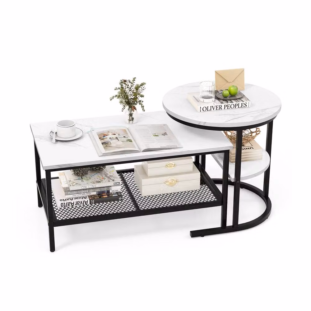 CASART Set of 2 Nesting Coffee and Side Tables with Black Faux Marble Effect Tops – 3