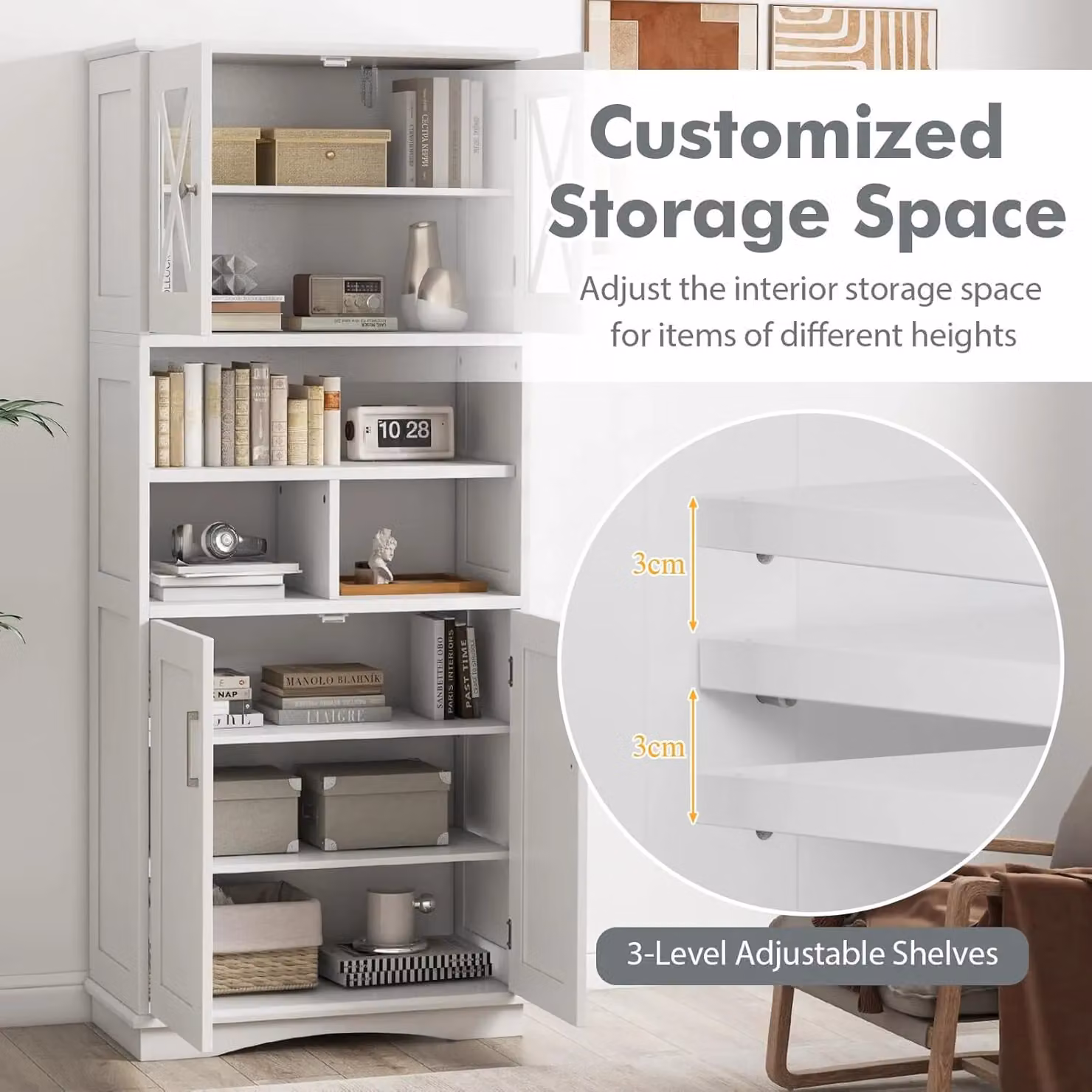 Gymax Tall White Bathroom Cabinet with Acrylic Glass Doors and Adjustable Shelves – 3