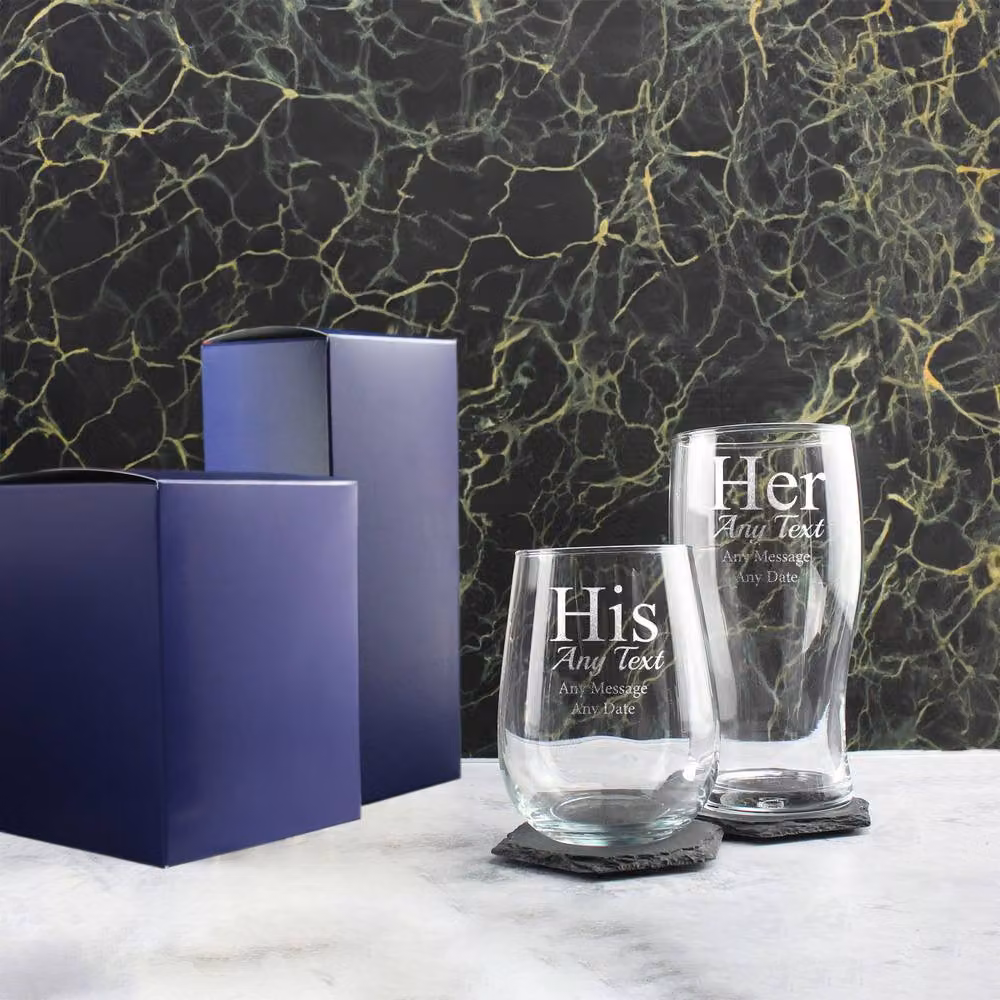 Uniqueful Personalised His and Hers Stemless Wine Glass Set in Clear Glass – 2