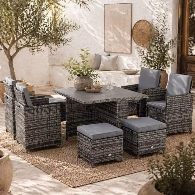 Wyld Haus Noco Grey 9 Piece Rattan Outdoor Dining Set with Square Glass Table – 1