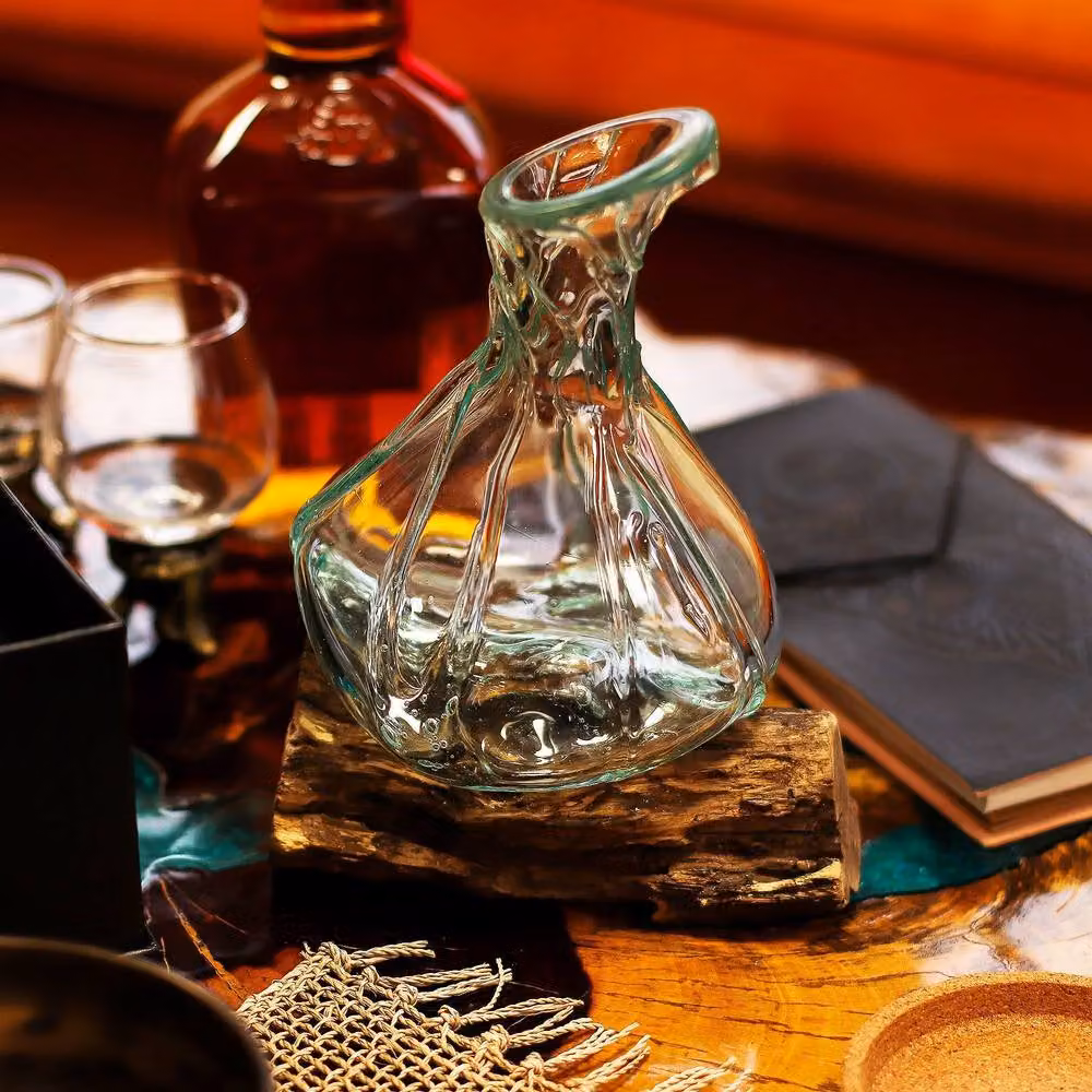 Serenityy Molten Glass Mini Decanter in Transparent with Reclaimed Gamal Wood Base, Height: 24 cm – 4