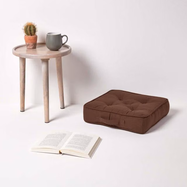 Homescapes Rajput Ethnic Ribbed Cotton Square Floor Cushion in Brown