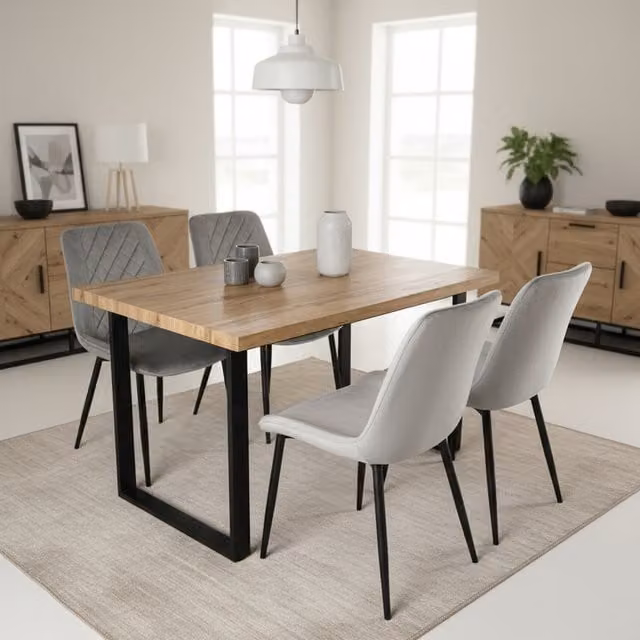 Madefor.living Colorado Rectangular Wood Dining Table with 4 Amelia Grey Velvet Chairs
