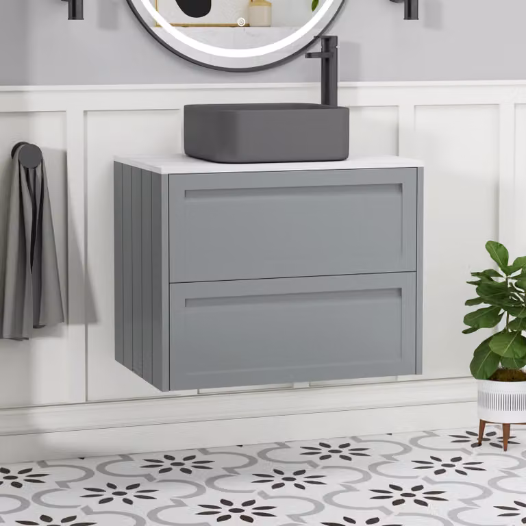 Royal Bathrooms Elmore Wall Hung Countertop Vanity Unit with Art Square Basin, Matt Pebble Grey, Width: 70 cm