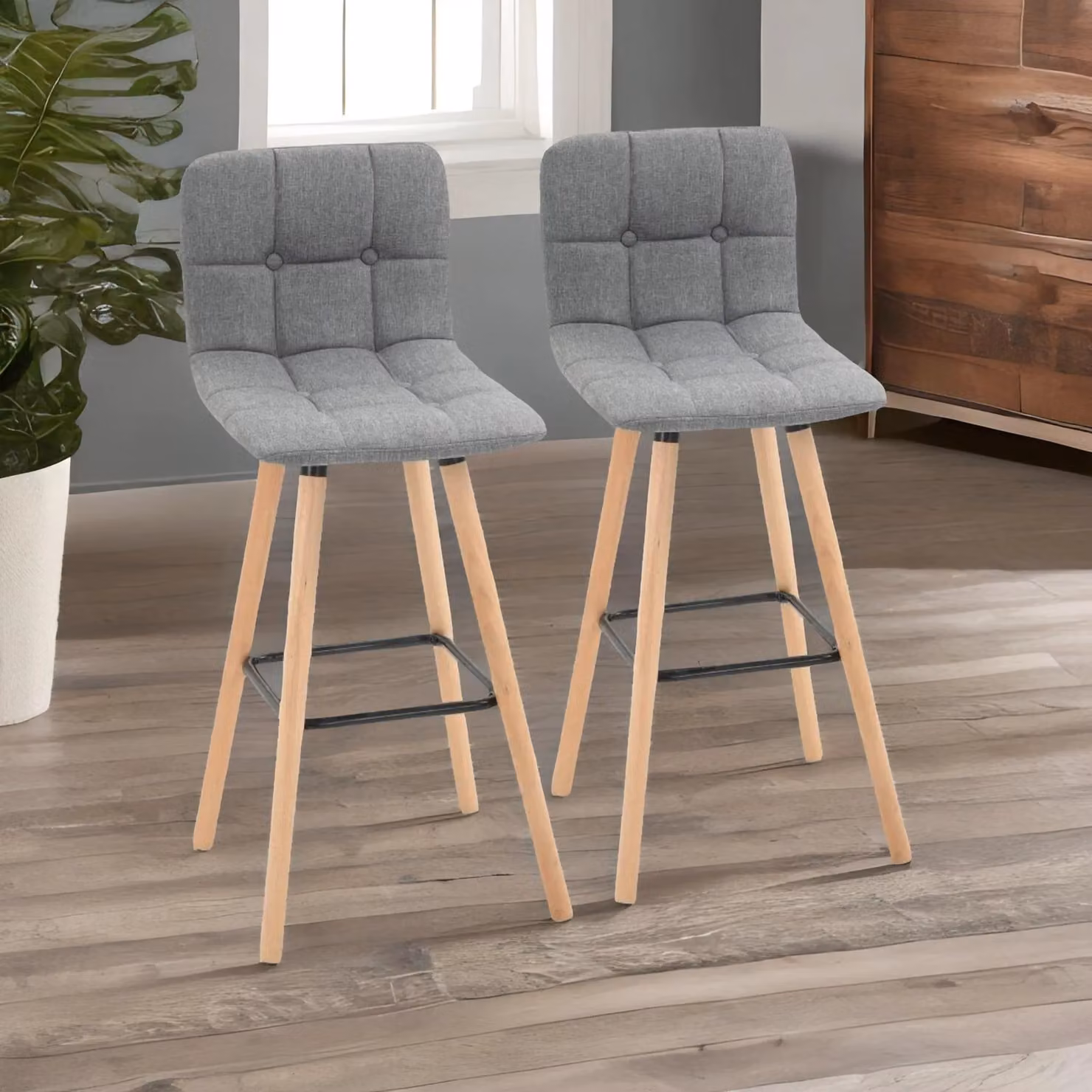 Rafaelo Mobilia Set of 2 Grey Wooden Bar Stools with Backs and Footrests for Kitchen Bars – 2