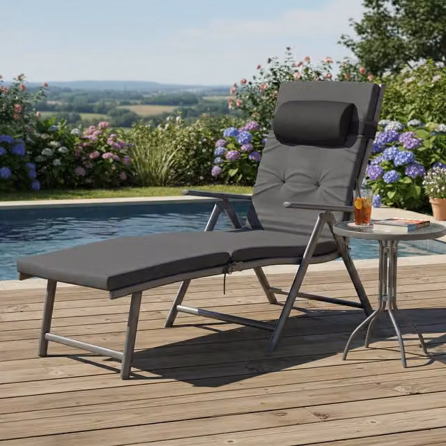 SONGMICS Grey Reclining Outdoor Lounger with Adjustable Headrest and Weatherproof Cushion
