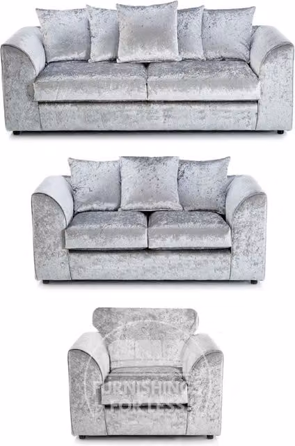 Furnishings For Less UK Crystal Crushed Velvet 3 Piece Sofa Suite in Silver, including 3 Seater Sofa, 2 Seater Sofa and Armchair with Scatter Back
