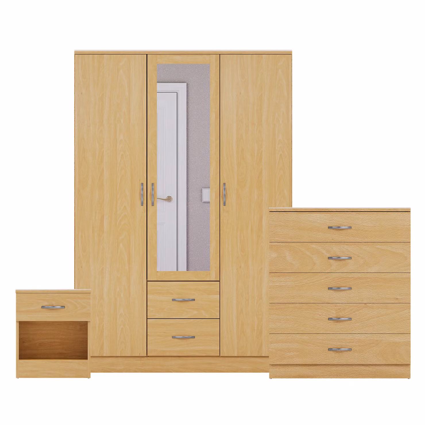 Vida Designs 3 Piece Modern Bedroom Set in Brown including Bedside Cabinet, 5 Drawer Chest and Mirrored Wardrobe – 2