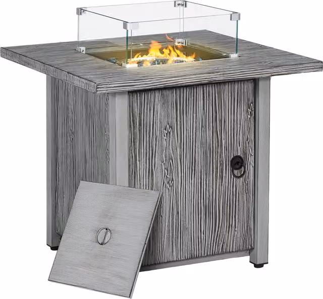 Outsunny 40,000 BTU Gas Fire Pit Table with Cover, Glass Screen and Glass Beads, Grey – 1