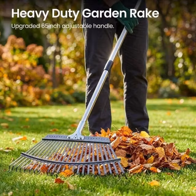 EONLION Adjustable Heavy Duty Metal Garden Rake with Tines in Silver