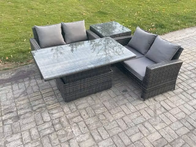 Fimous 4 Piece Poly Rattan Garden Furniture Set with Height Adjustable Rising Table in Dark Grey