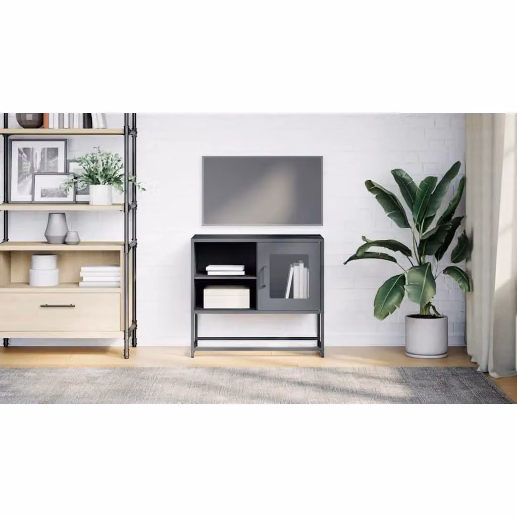 Berkfield Home Anthracite and Black Industrial Steel TV Cabinet with Glass Doors, W/D/H: 68 x 39 x 60.5 cm – 2