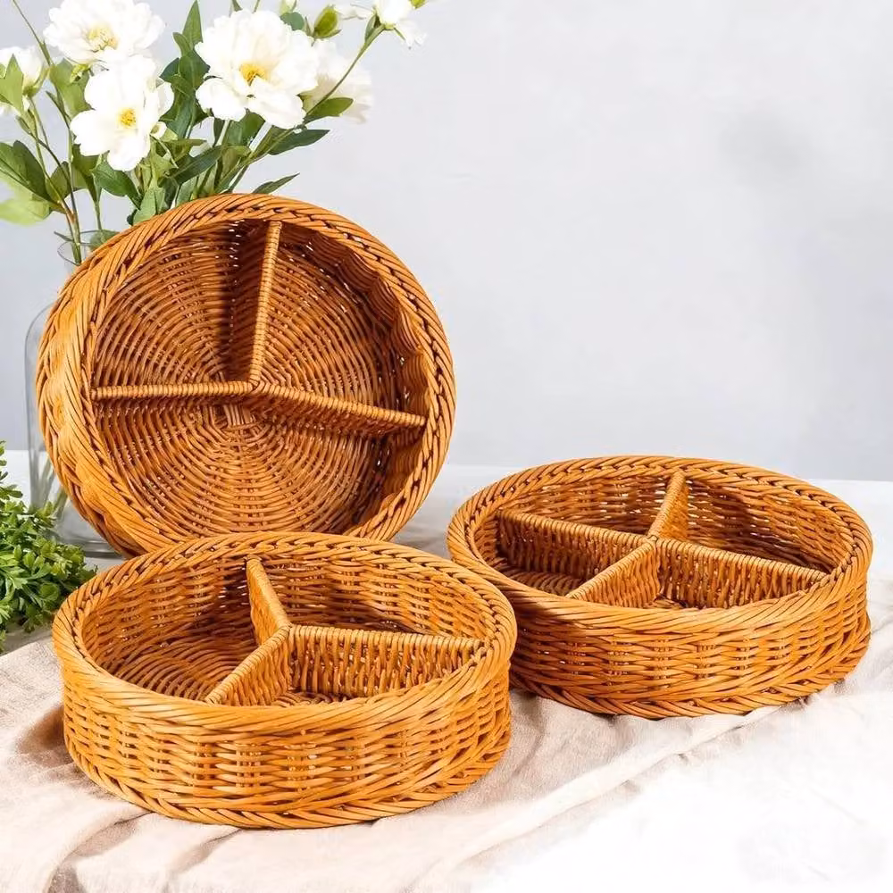 EONLION Set of 3 Brown Open Weave Rattan Hand-Woven Storage Baskets, Diameter: 50 cm – 4
