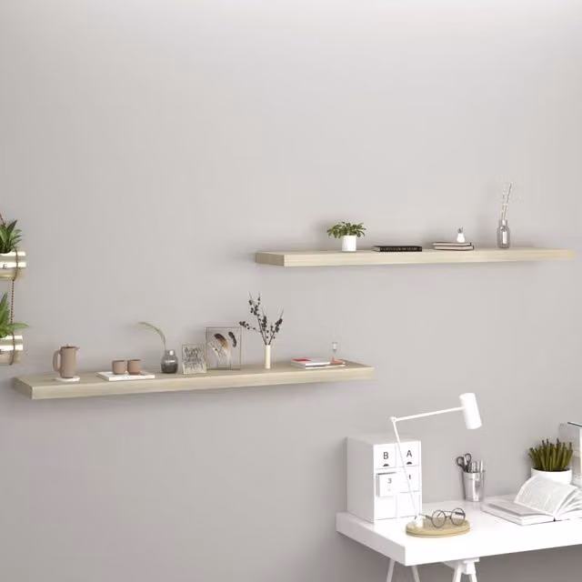 Berkfield Home Set of 2 Floating Wall Shelves in Brown Oak MDF, W: 120 cm, D: 23.5 cm, H: 3.8 cm – 1