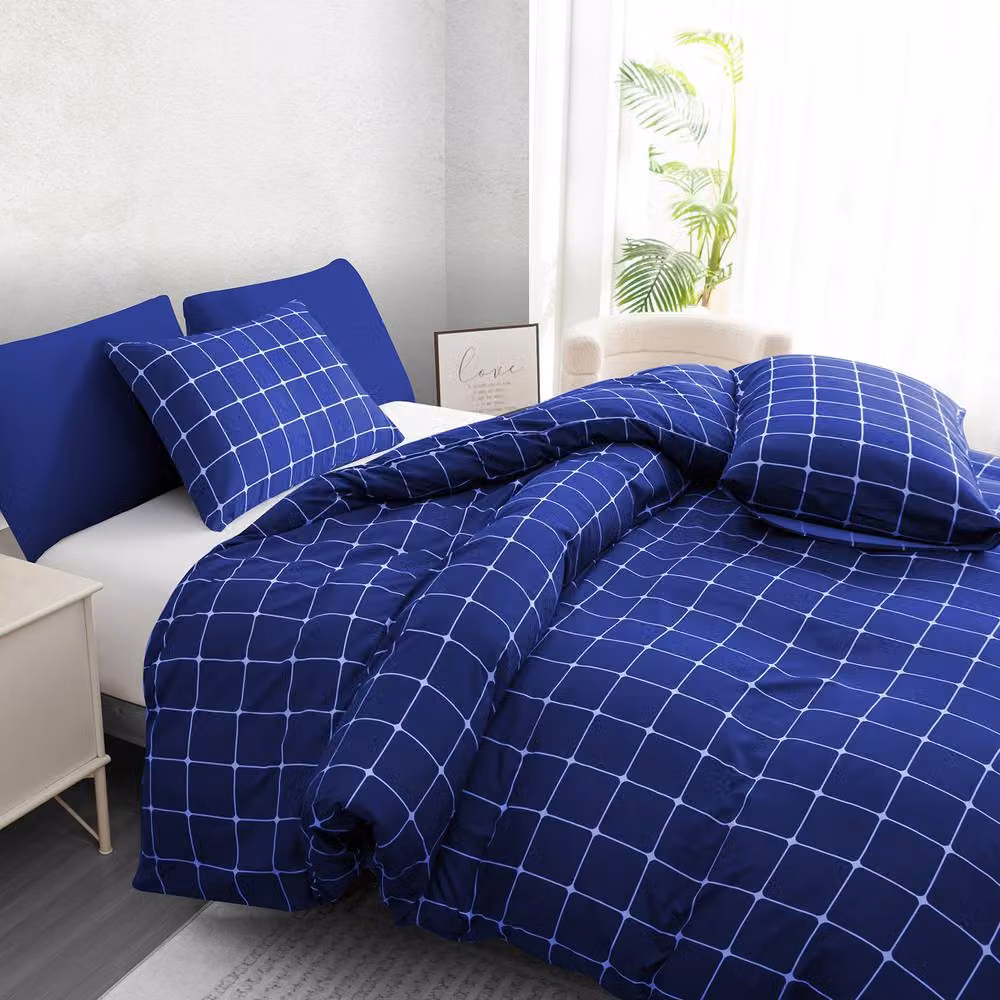 Lazzaro Home Blue Checked Microfibre Reversible Duvet Cover Set with Zipper Closure, W/D/H: 240 x 220 cm and 50 x 75 cm Pillowcases – 6