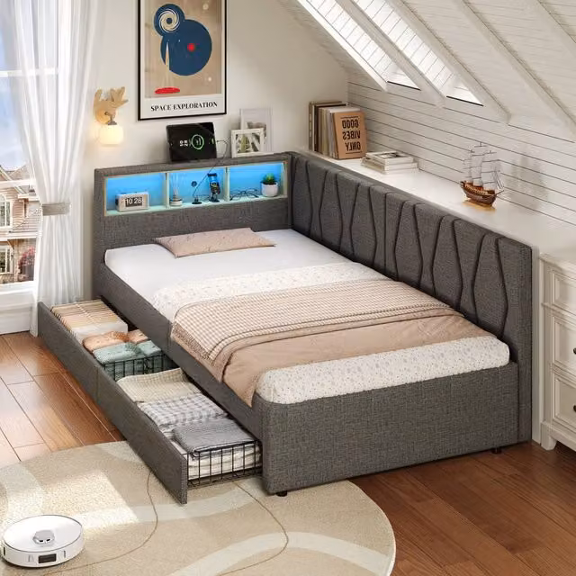 Merax Grey Single Daybed Sofa Bed with 2 Drawers and LED Storage Headboard featuring USB Charging Port and Bedside Shelf, W/D/H: 90 x 190 x 91.44 cm – 1