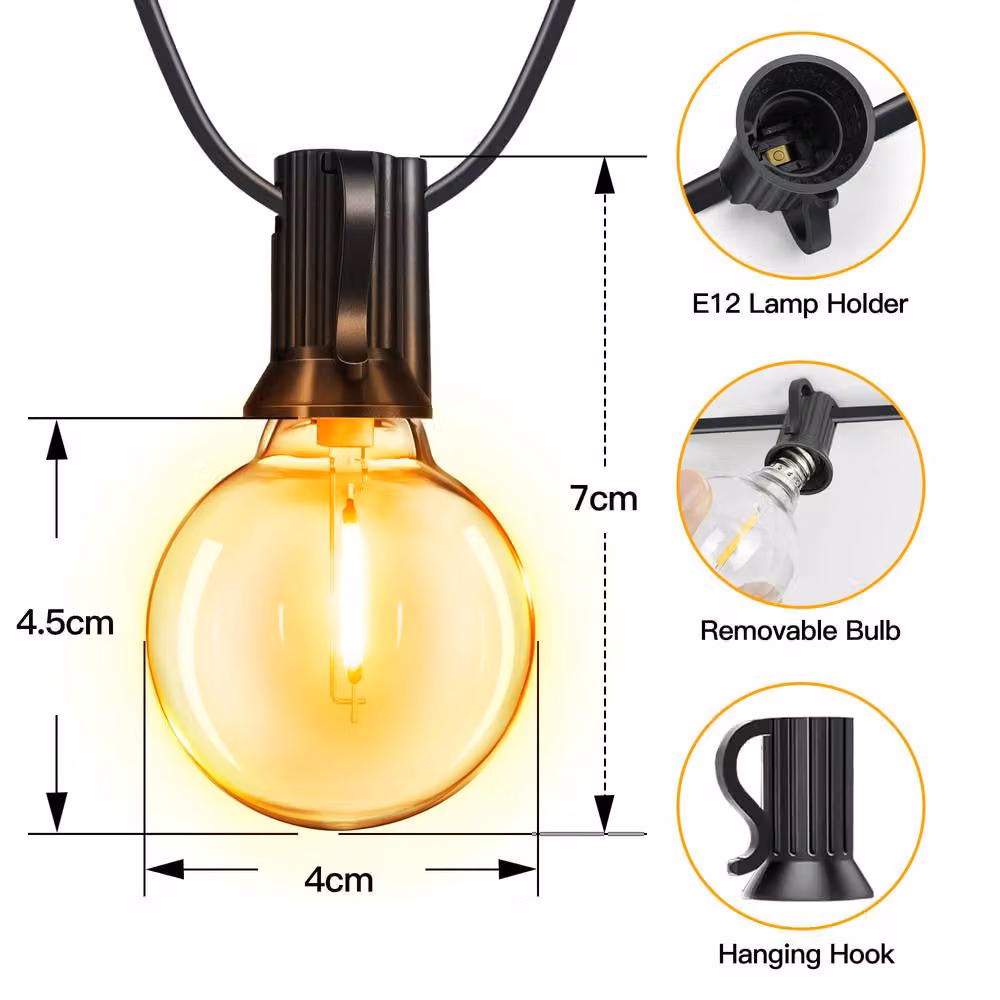 Ollny Solar USB String Lights with Remote Control, 10m Black G40 Bulbs, IP45 Warm White Sphere Lights with 3 Modes – 3
