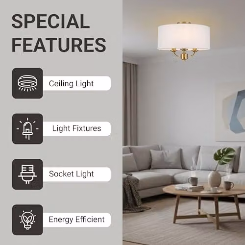 Cosylyte Winston 3-Light Semi Flush Ceiling Light with Bronze Base and Beige Fabric Drum Shade, E14 LED Compatible – 4