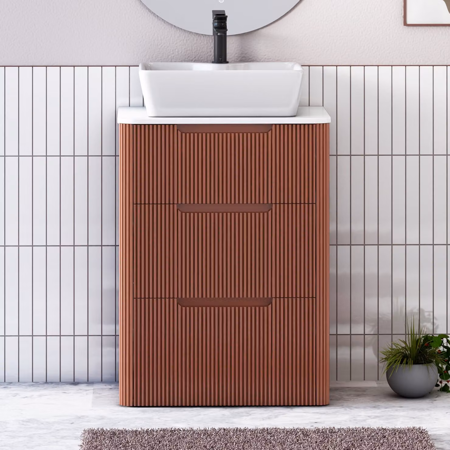 Royal Bathrooms Avenza 600mm Terracotta Clay Floor Standing 3 Drawer Vanity Unit with White Worktop and Cube Basin