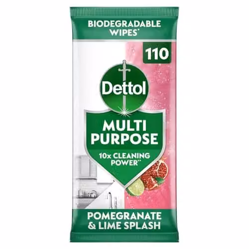 Dettol Antibacterial Multipurpose Cleaning Biodegradable Wipes, Pomegranate and Lime, 110 Wipes