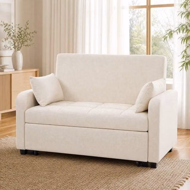STILVORA Modern Click-Clack Sofa Bed in White with Adjustable Headrest and Scatter Cushions