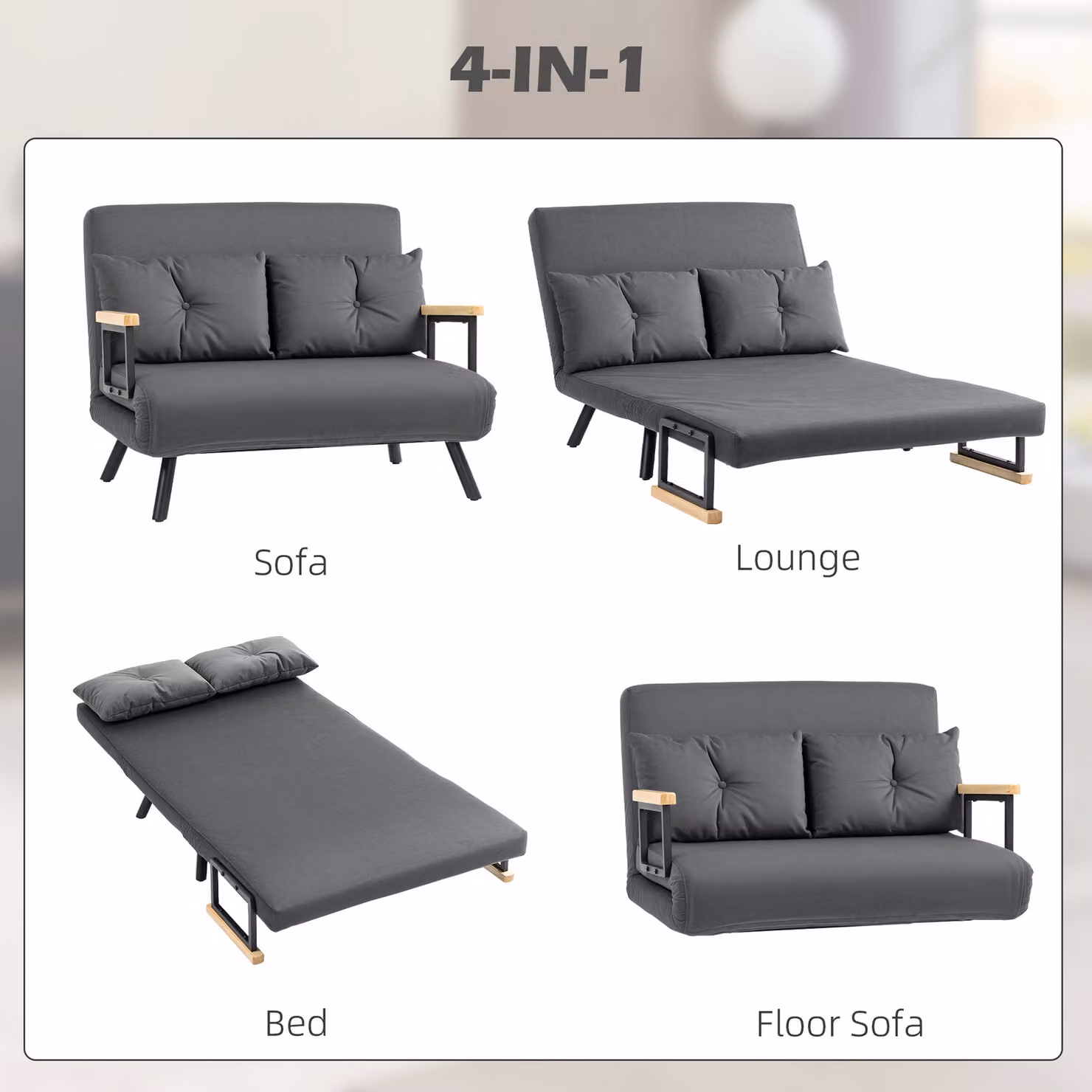 HOMCOM 4-in-1 Velvet Double Sofa Bed with Pillows and Removable Covers, Grey, 140 x 200 cm – 4