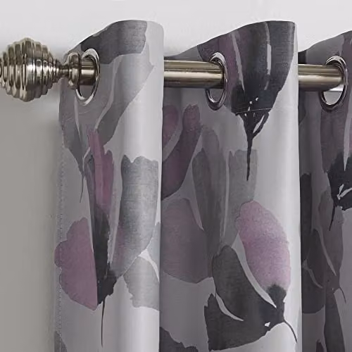 Luxury Living Floral Eyelet Ring Curtain Pair in Purple, Blackout and Thermal Insulating Polyester – 3
