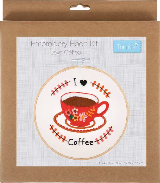Trimits I Love Coffee Embroidery Hoop Kit in Natural with Multicolour Cotton Thread