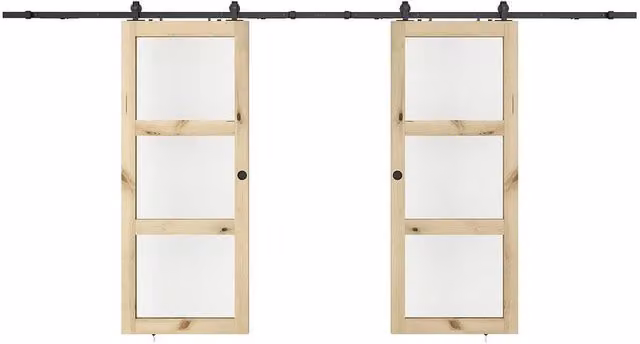 Vente-unique Double Sliding Door with Surface-Mounted System in Light Oak Wood and Tempered Glass