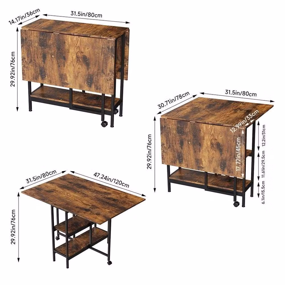 KORVIXA Retro Brown Foldable Drop-Leaf Dining Table with Castors – 2