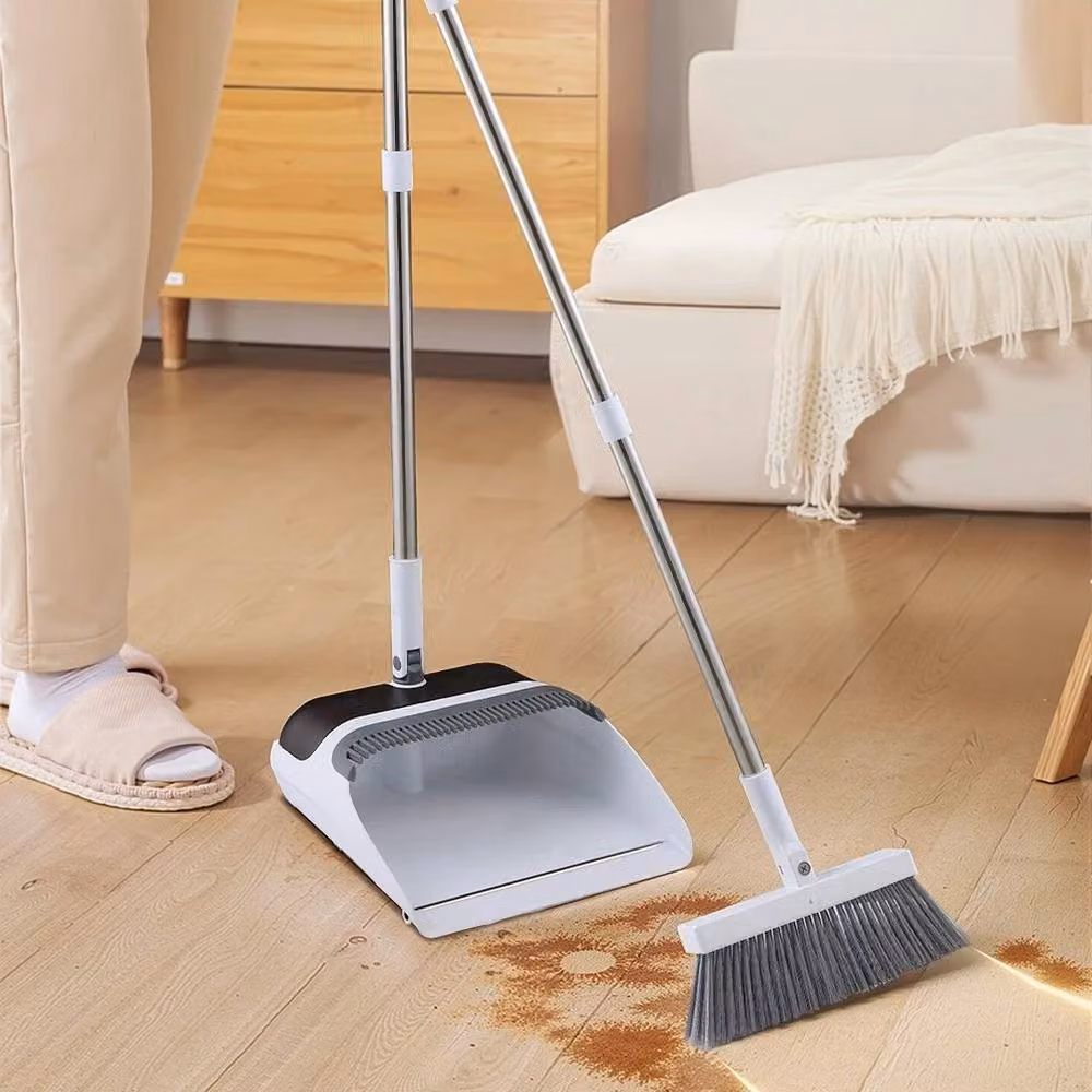 NESTLUNE Long Handled Metal Dustpan and Brush Set in Grey and White, H: 100 cm, W: 15 cm – 2