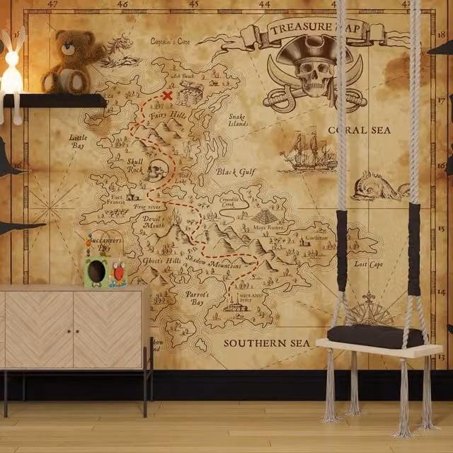 Superfresco Easy Treasure Map Natural Print Mural in Beige, W: 300 cm, H: 280 cm
