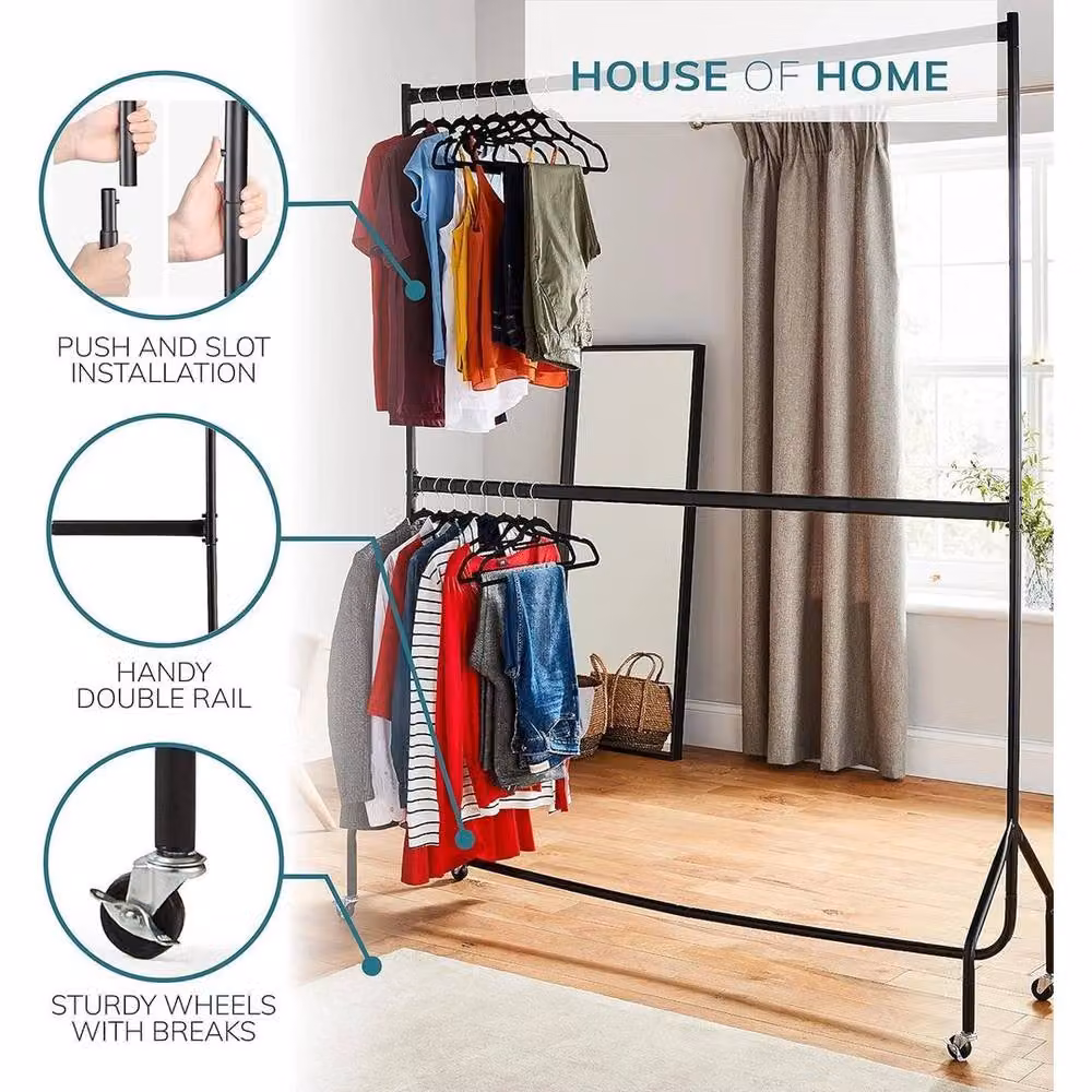 FORGEVIO Heavy Duty Metal Clothes Rail Garment Hanging Rack in Black – 3