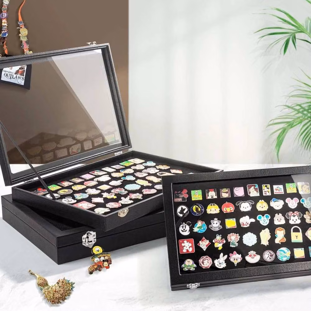 KORVIXA Black Pin Display Case with Fabric, Enamel and Glass, Width: 50 cm – 2