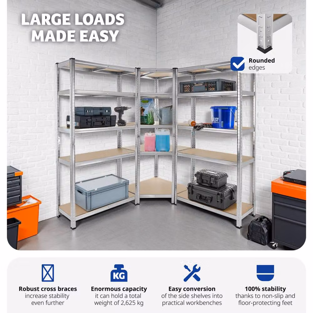 tectake Gustav Garage Shelving, Silver and Grey Steel, H 180 x W 165 x D 40 cm – 4
