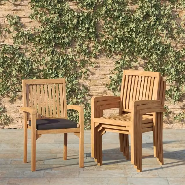 Eterna Henley Solid Teak Wood Outdoor Garden Stacking Chairs, Pack of 4, Brown with Black Cushions