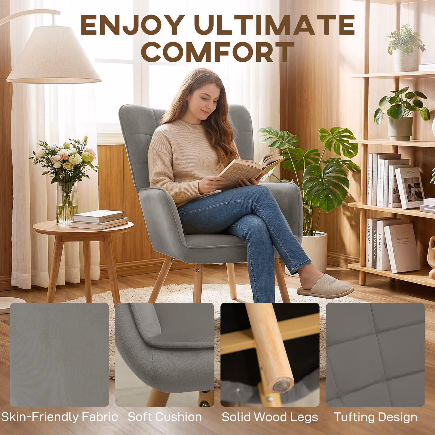 HOMCOM Modern Velvet Tufted Wingback Accent Chair with Armrests and Wood Legs, Grey – 3