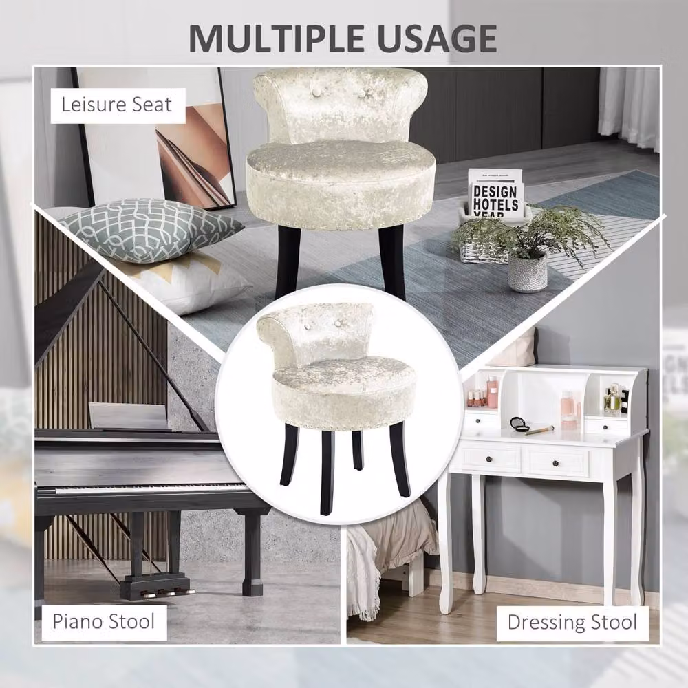 Wyld Haus Salami Beige Velvet Dressing Table Stool with Rubberwood Legs, H 62 cm x W 54 cm x D 50 cm – 6
