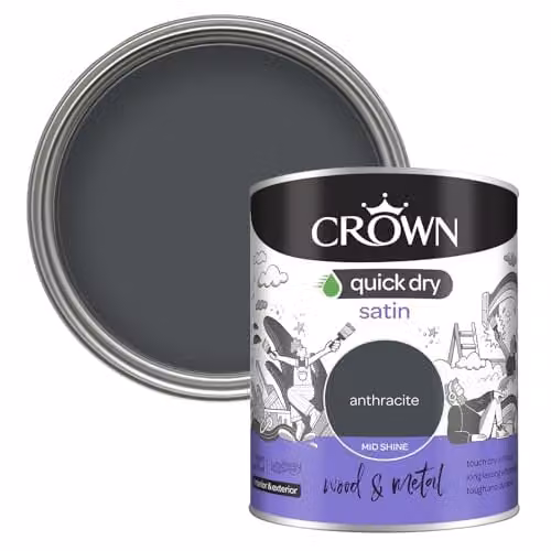 Crown Quick Dry Water Based Satin Wood and Metal Paint, Anthracite, 0.75 l