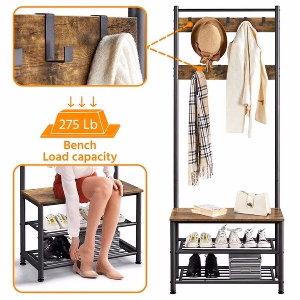EONLION Industrial Hall Tree with 3-Tier Shoe Bench and Coat Rack in Brown – 4
